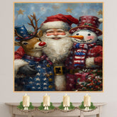 Santa with Rudolph and Snowman in Patriotic Outfits with Stars and Stripes for Festive Fourth of July Celebration Art on Ready to Hang 1.5" Thick Canvas Wrap, Floating Framed Canvas, Flat Rolled Canvas